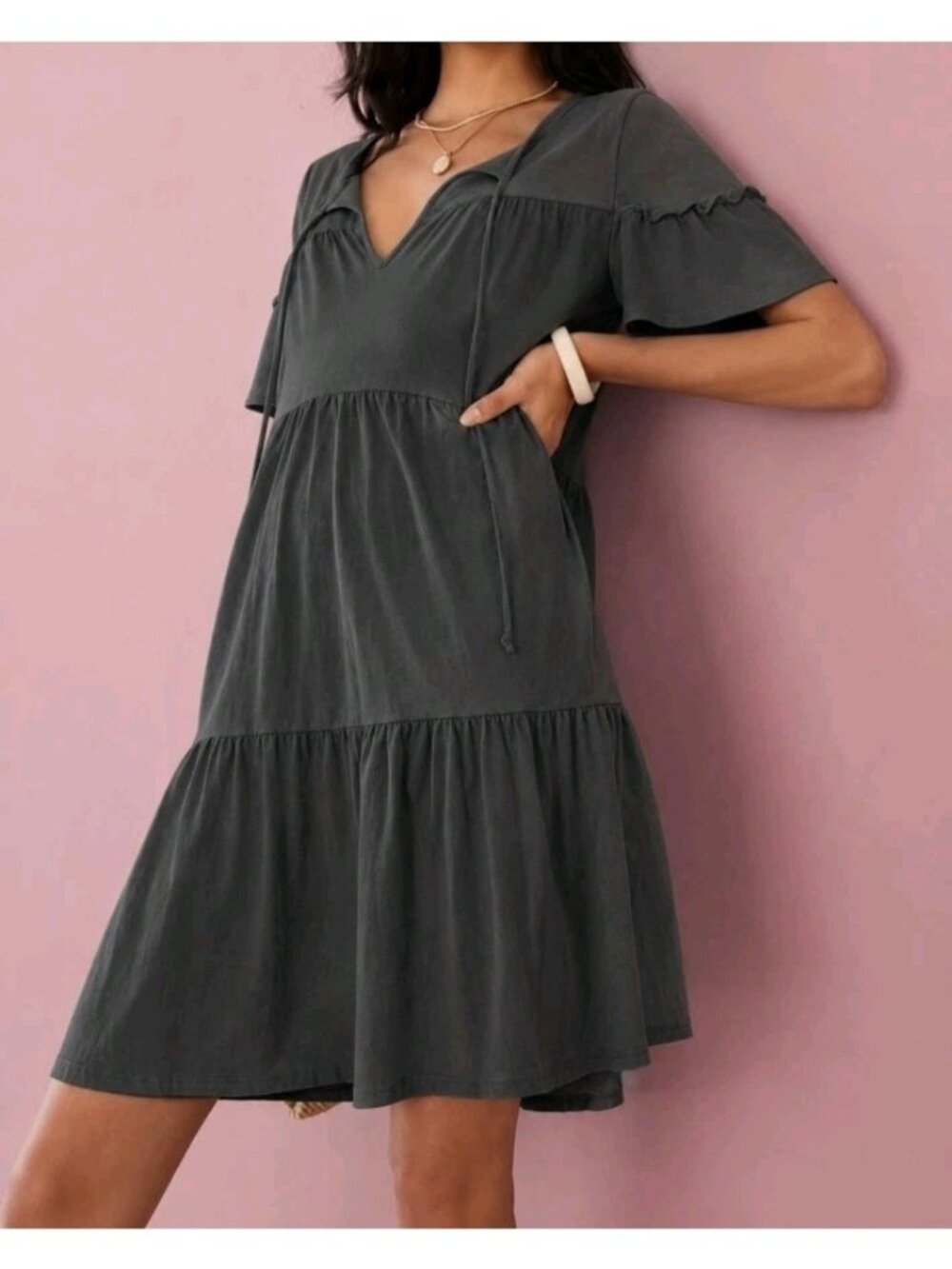 J Crew Broken In Jersey Mini Dress Boho Babydoll Cotton Tiered XL Charcoal